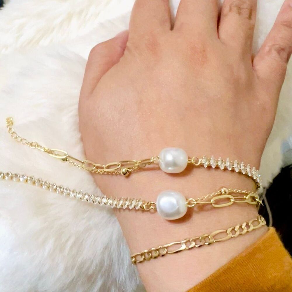 18k Gold filled “ Found her” Pearl bracelet with Marquise CZ paper clip chain